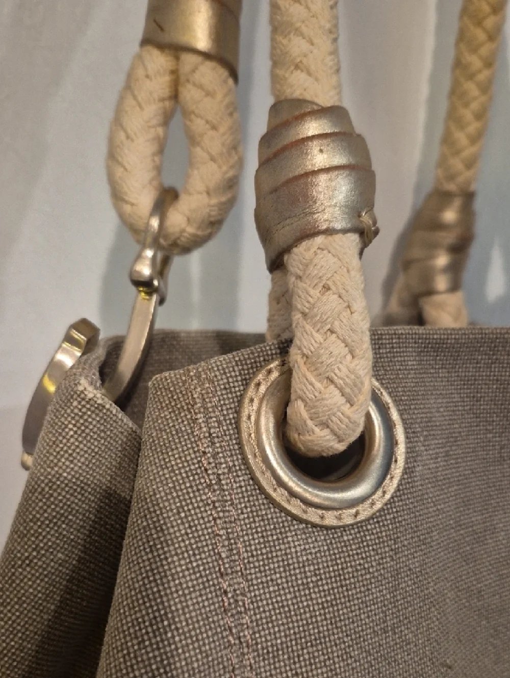 Michael Kors Beige-Tan Rope Handle Shoulder Bag With Gold Leather Trim